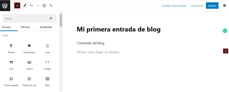Visualización de las opciones para adicionar bloques en el editor