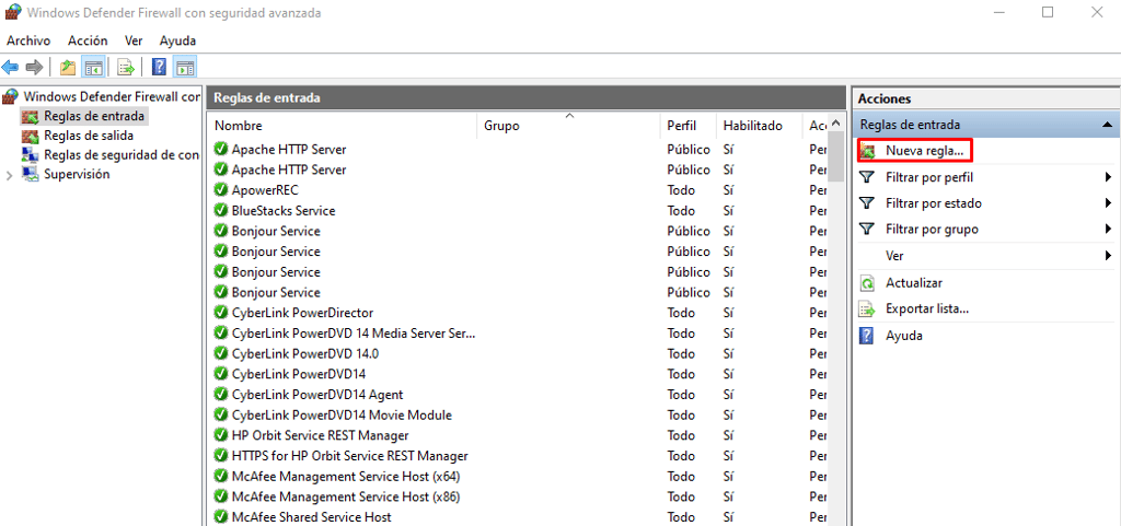 Pestaña Reglas de entrada en la configuración avanzada de Windows Defender