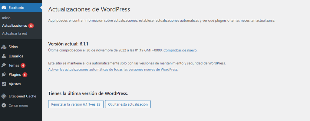 Secci&oacute;n de actualizaciones en el escritorio de WordPres