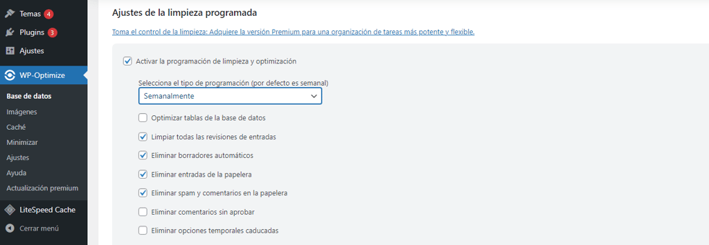 Secci&oacute;n Ajustes de la limpieza programada en WP Optmize