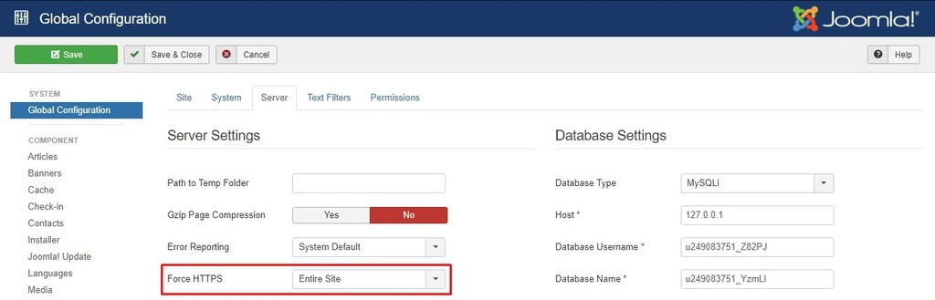 Ajustes del servidor en Joomla
