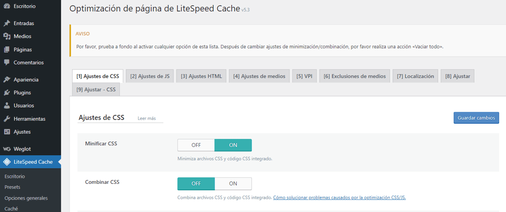 Secci&oacute;n Optimizaci&oacute;n de p&aacute;gina en LiteSpeed Cache