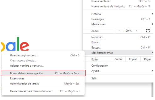 Visualización del menú desplegable para borrar datos de navegación