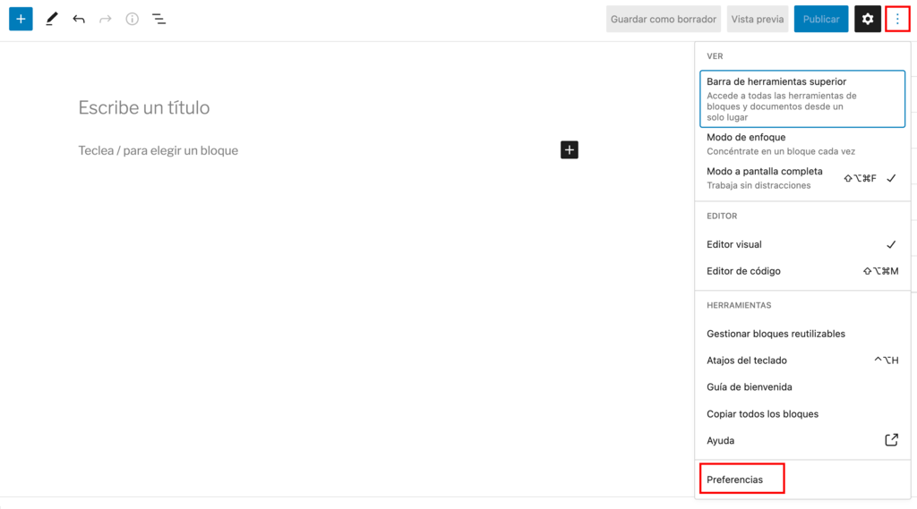 Menú de opciones en el editor Gutenberg