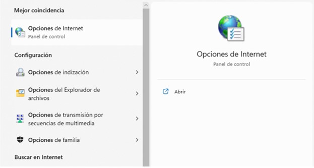Visualización de la búsqueda de Opciones de Internet en Windows