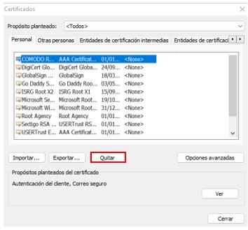 Ventana de certificados para gestionarlos