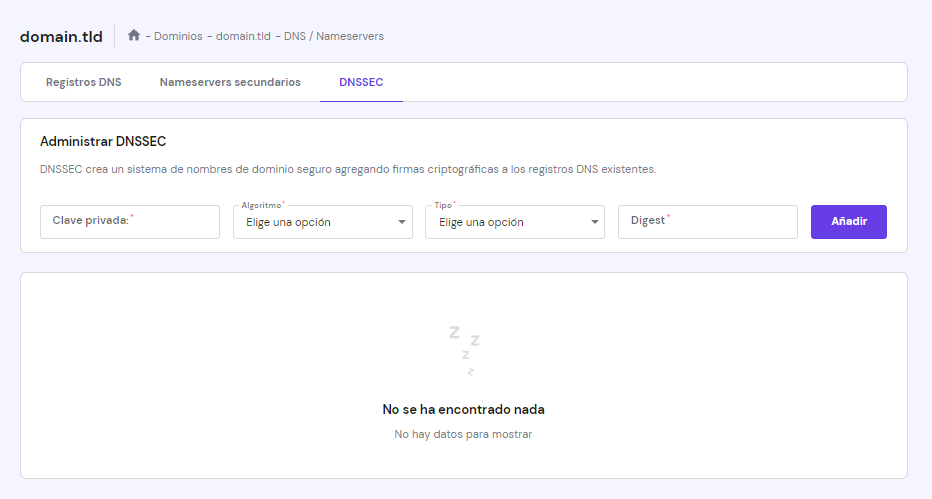 La sección DNSSec en la página de Dominios de Hostinger en hPanel