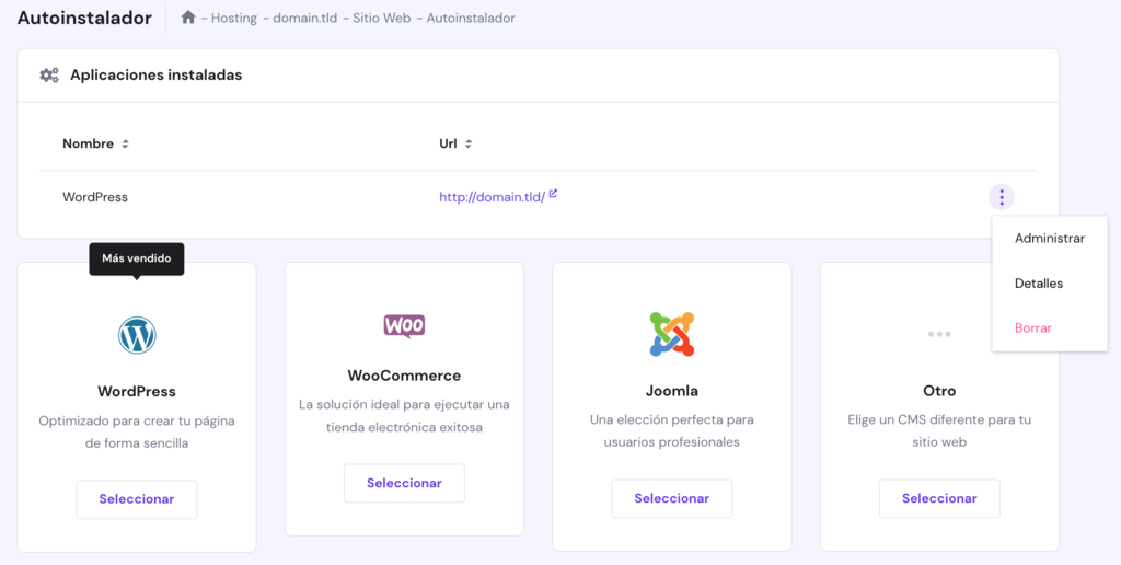 La p&aacute;gina del Autoinstalador en hPanel con el bot&oacute;n de administrar WordPress resaltado.