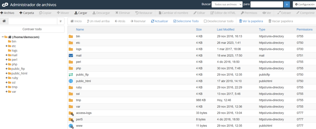 Administrador de archivos de cPanel
