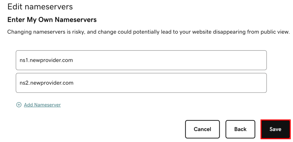 Ventana para editar los Servidores de nombres de GoDaddy