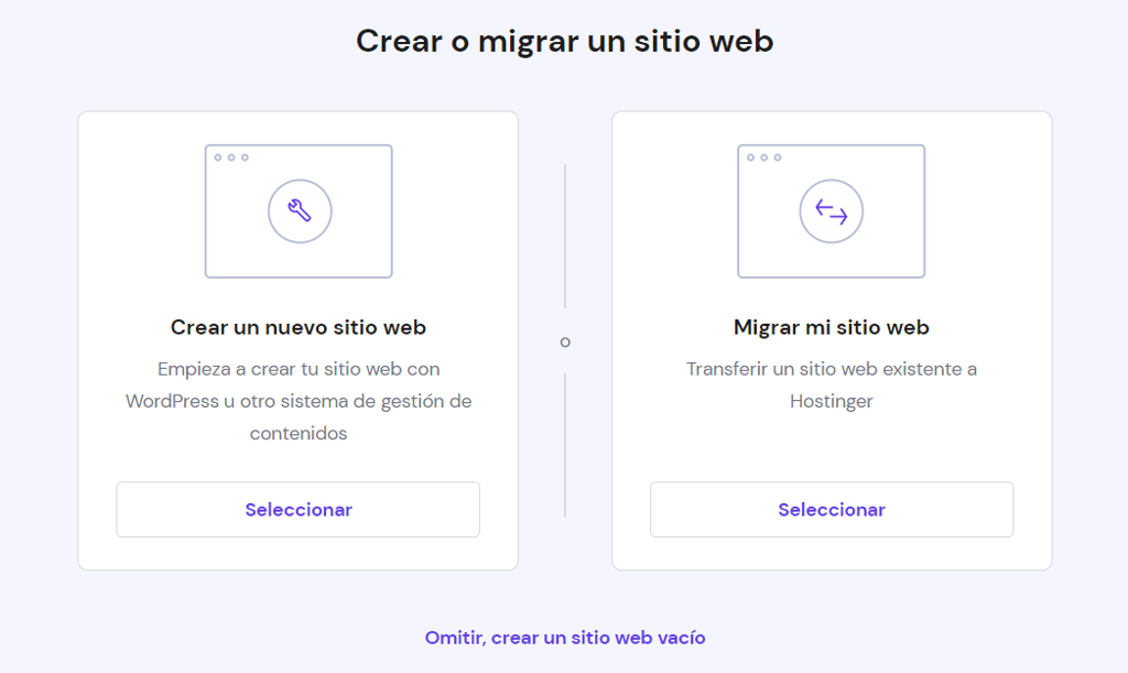 Página Añadir sitio web de hPanel