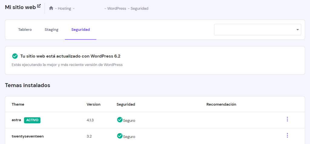 Sección WordPress, pestaña Seguridad en hPanel
