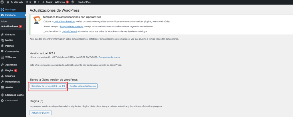 Botón de actualizar WordPress