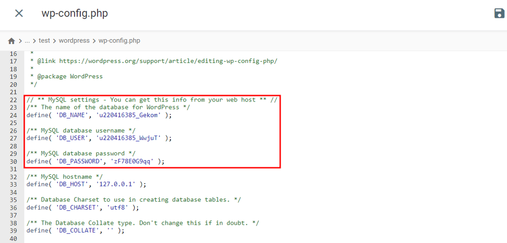 Editor del archivo wp-config.php