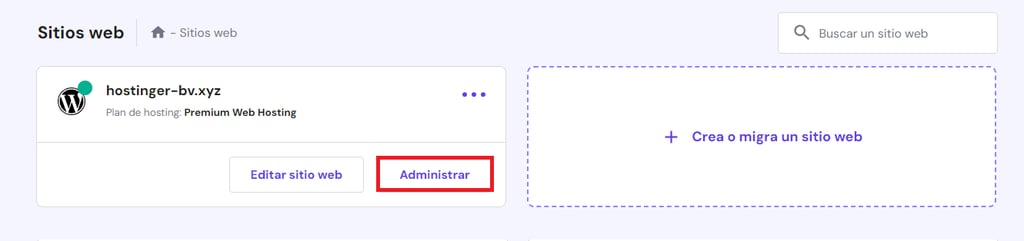 Sección de sitios web en hPanel