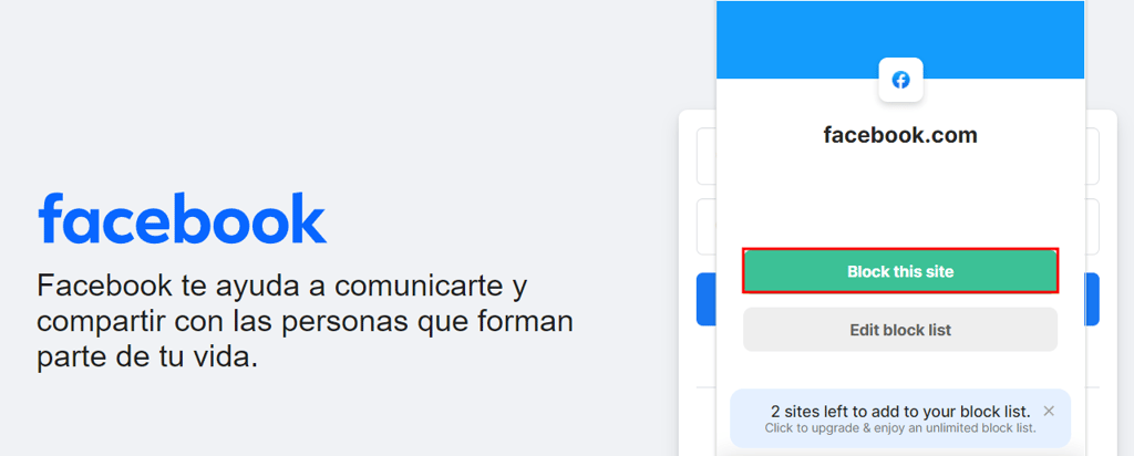 Ejemplo de cómo bloquear una página web con la extensión BlockSite en Chrome.