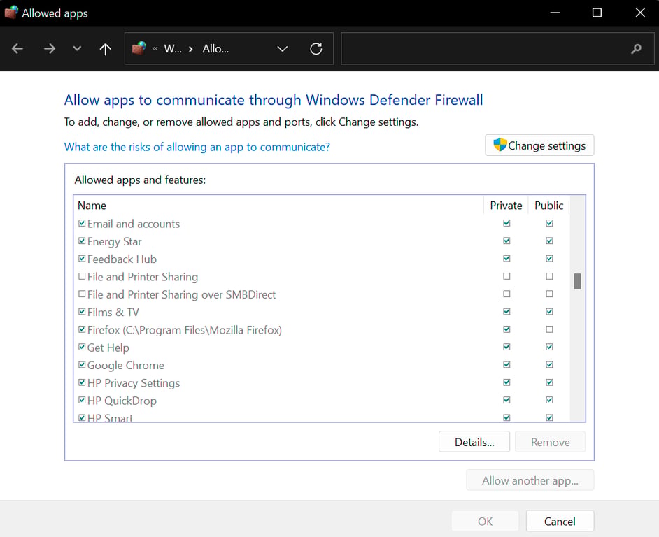Ventana de aplicaciones a trav&eacute;s del cortafuegos de Windows