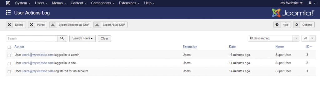 Sección para administración de usuarios de Joomla