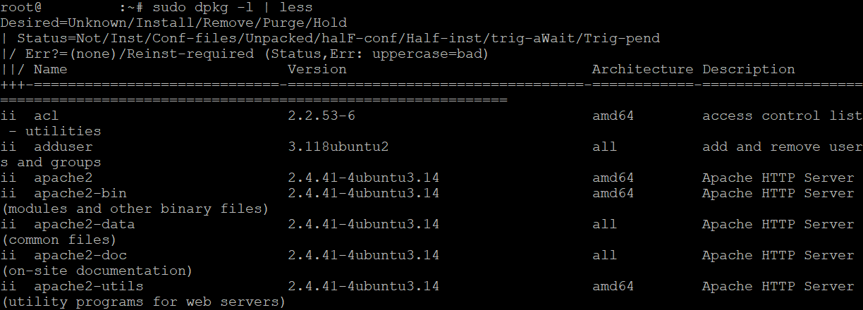 Uso de less con el comando dpkg en Ubuntu