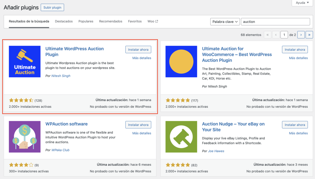Sección de Añadir plugins en WP