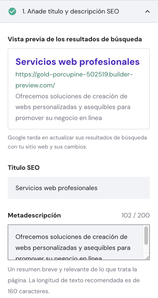 Sección de SEO del creador de sitios web de Hostinger