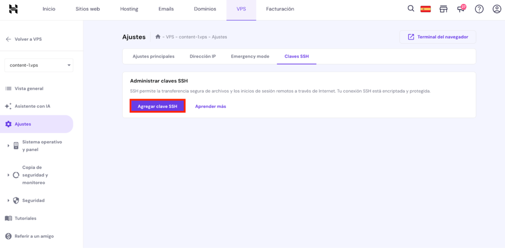Sección de Claves SSH de hPanel