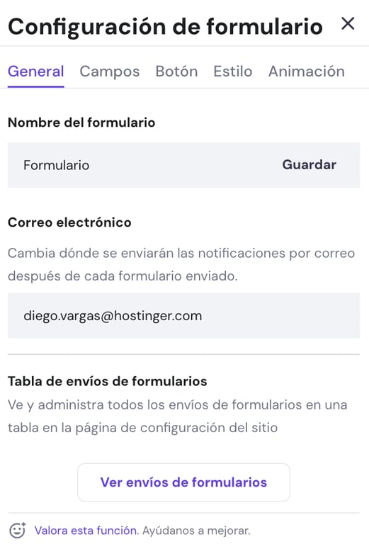 Configuraci&oacute;n de formulario web del Creador de Hostinger