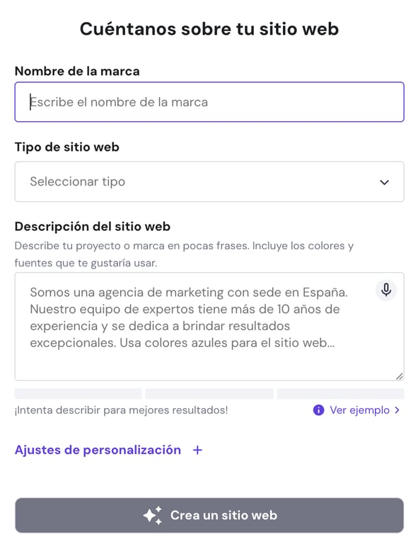 Ajustes de personalizaci&oacute;n del Creador de Hostinger