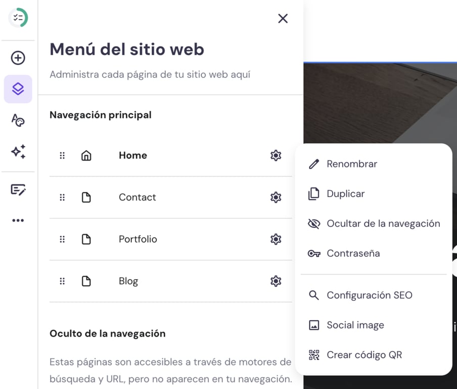 Men&uacute; del sitio web del Creador de Hostinger