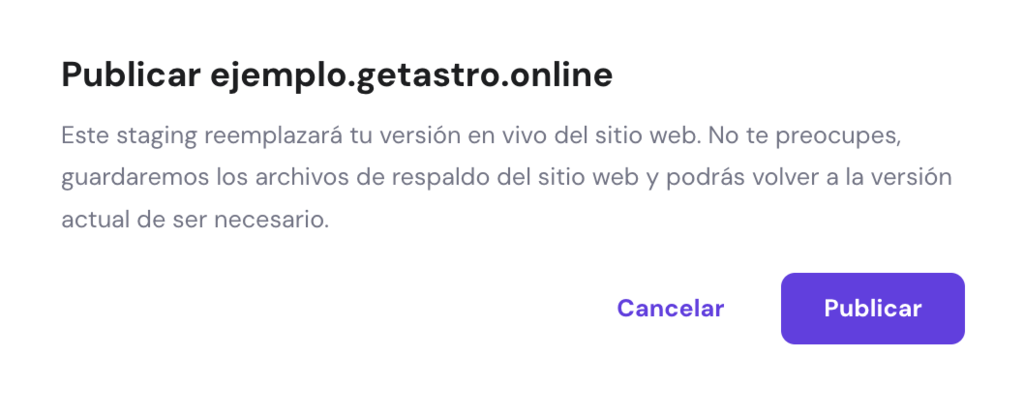Mensaje de publicación de sitio de staging