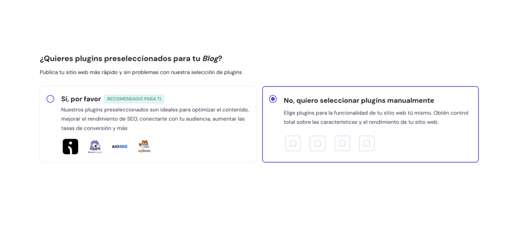 Secci&oacute;n para a&ntilde;adir plugins de WP en el Creador de Hostinger