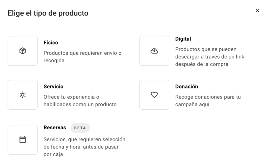 Secci&oacute;n tipo de producto del Creador web de Hostinger