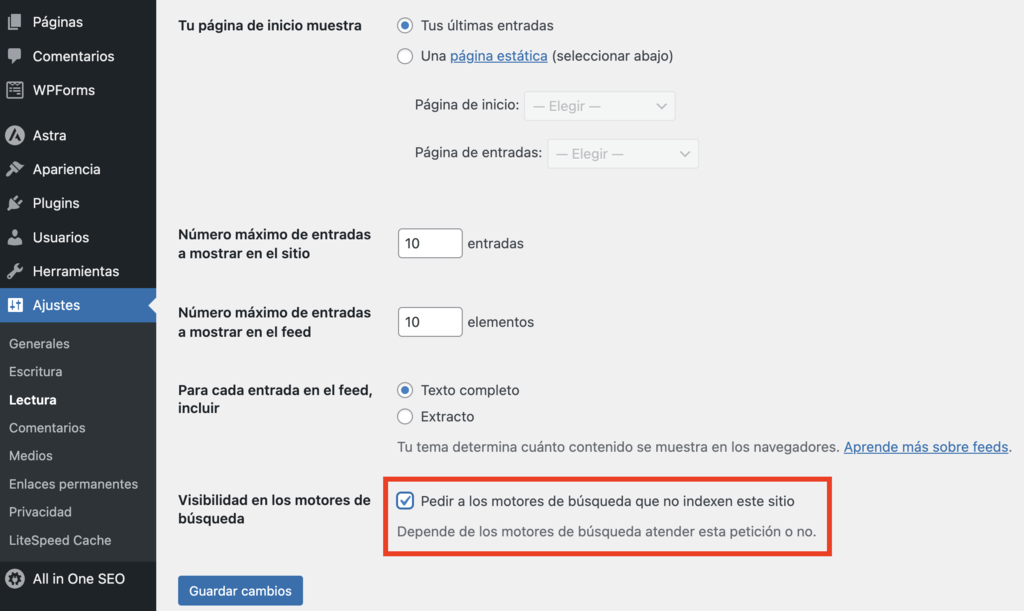 Secci&oacute;n de ajustes de WP