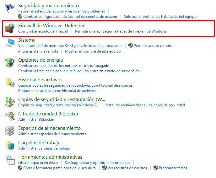 Opción de Firewall Defender