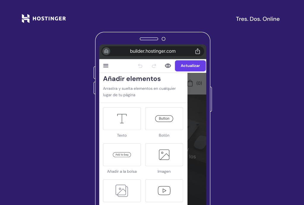 A&ntilde;adir elementos en el Creador de p&aacute;ginas web de Hostinger