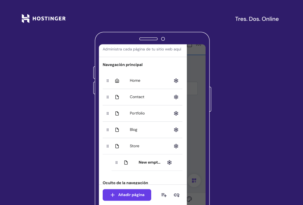 P&aacute;ginas del sitio web del Creador de Hostinger