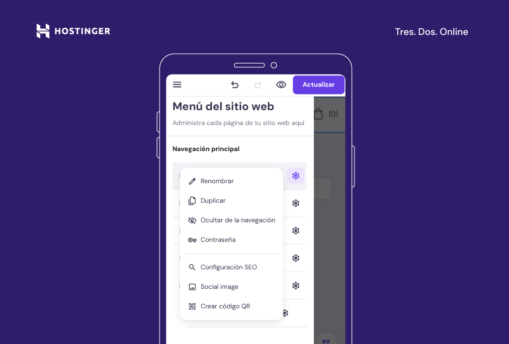 Ajustes de p&aacute;gina del Creador web de Hostinger