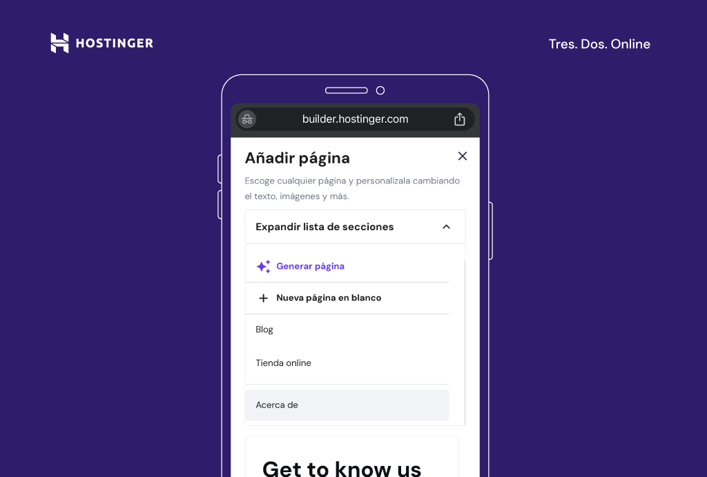 A&ntilde;adir p&aacute;gina del Creador de p&aacute;ginas web de Hostinger