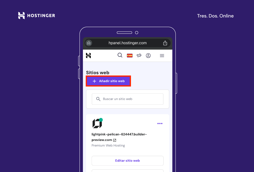 Opci&oacute;n A&ntilde;adir sitio web del Creador de Hostinger