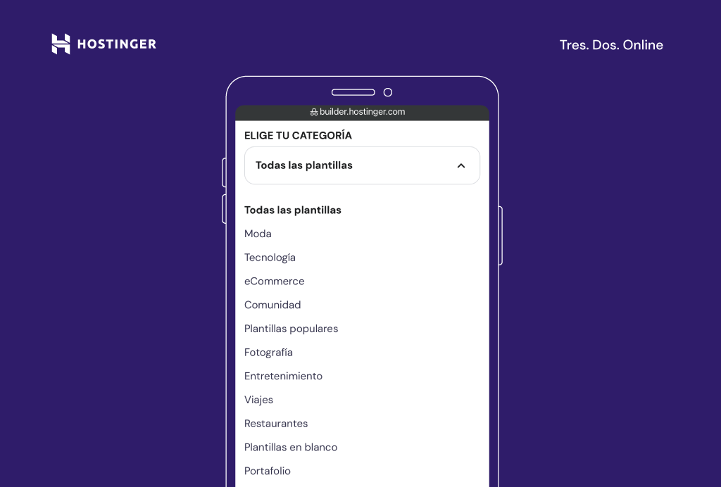 Categor&iacute;as de plantillas del Creador de Hostinger