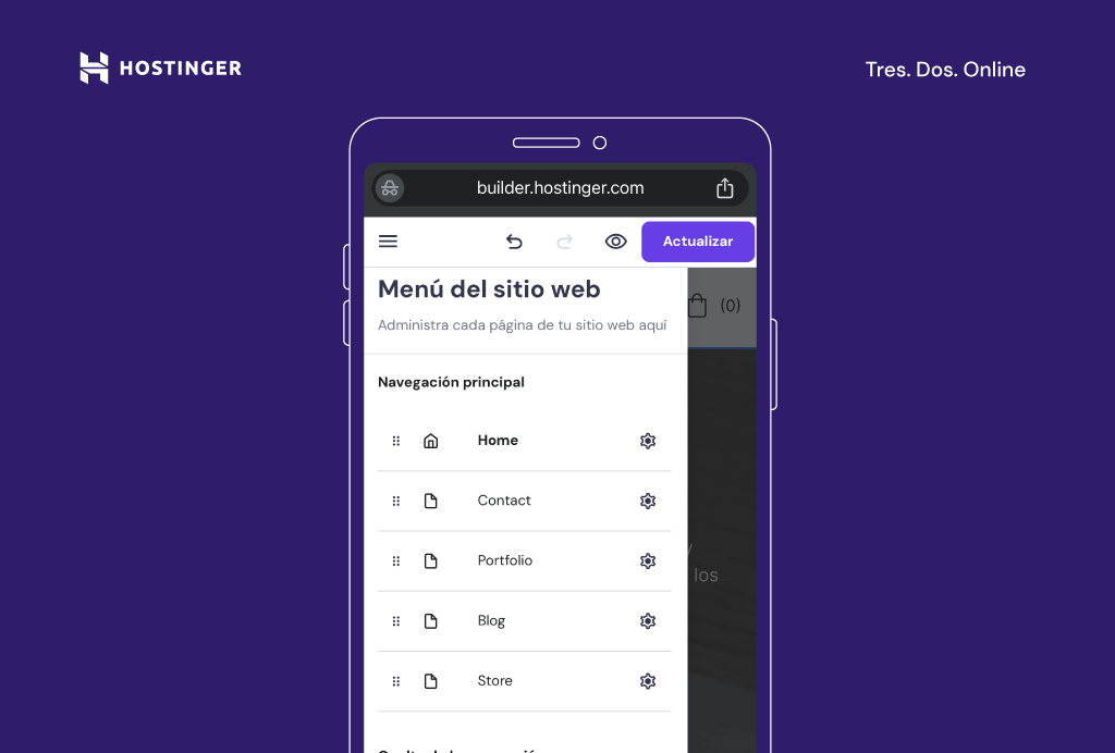 Men&uacute; del sitio web del Creador de Hostinger