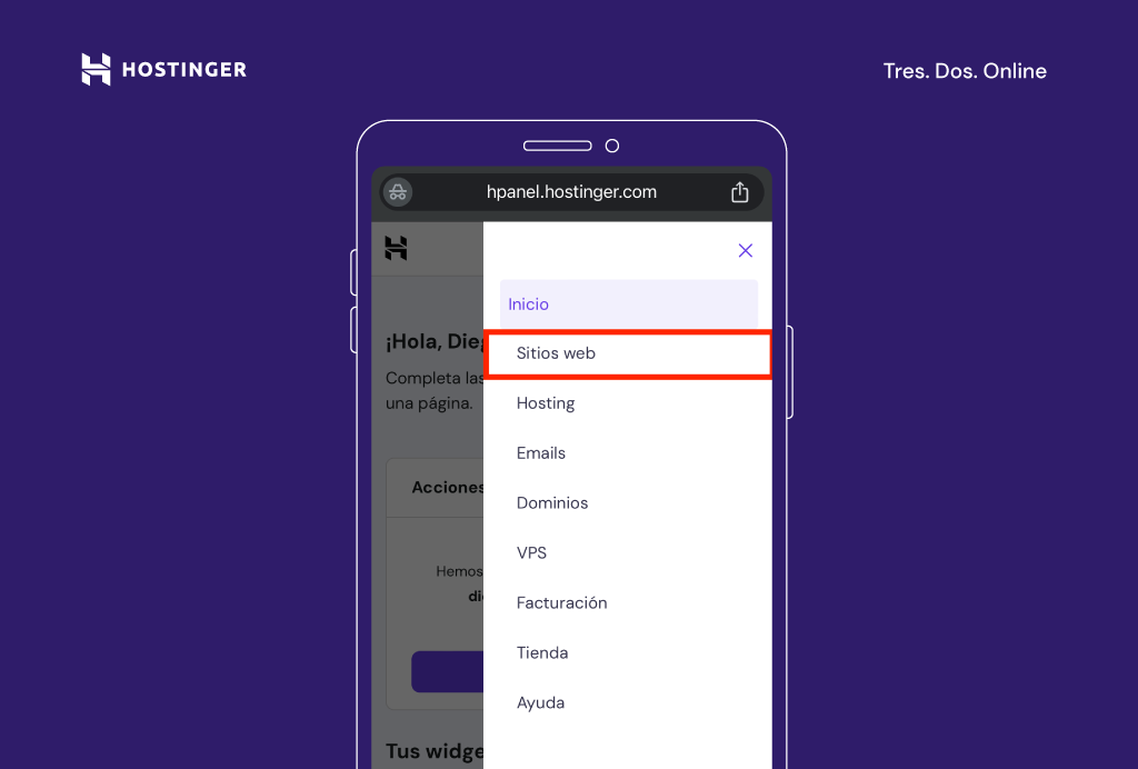 Opci&oacute;n Sitios web del Creador de Hostinger