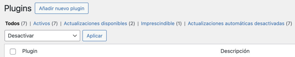Secci&oacute;n de plugins de WP