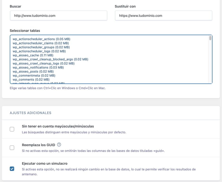 Tablas de Better Search Replace