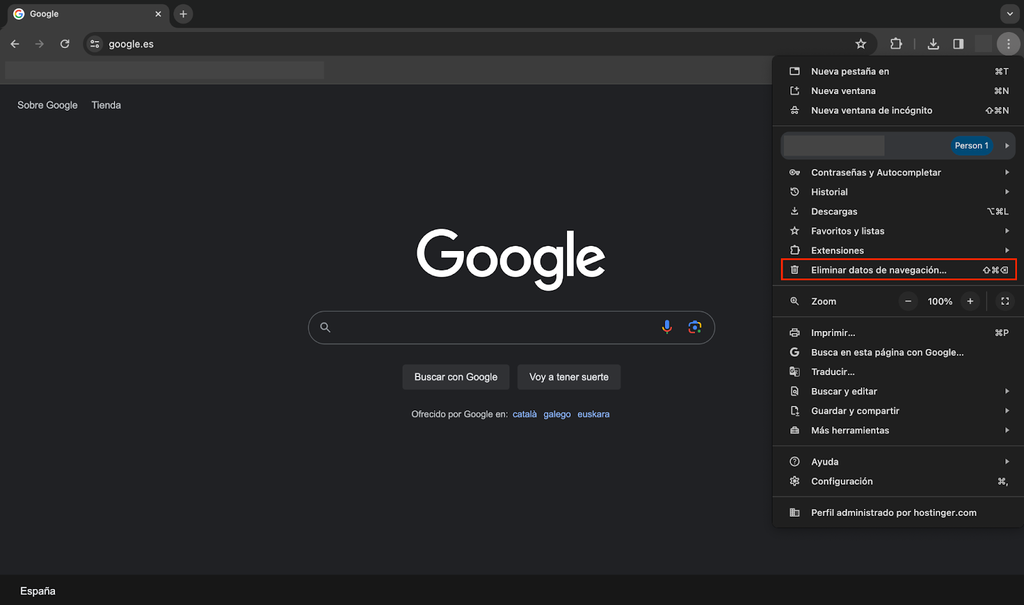 Opción Eliminar datos de navegación de Google Chrome