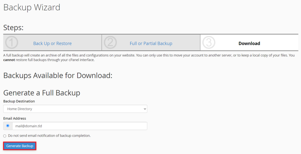Sección para generar backup en cPanel