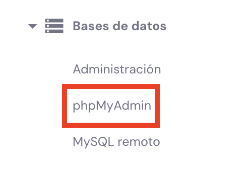 Secci&oacute;n de Bases de datos en hPanel
