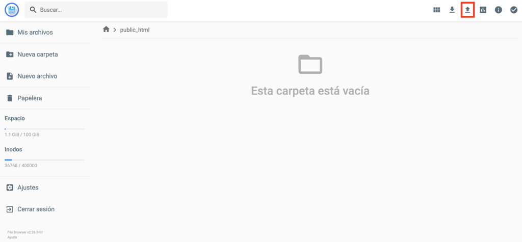 Opci&oacute;n Subir archivos del Administrador de archivos de hPanel