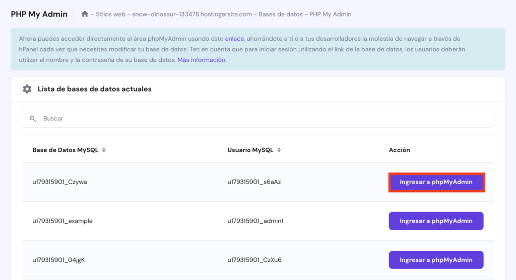 Secci&oacute;n phpMyAdmin de hPanel