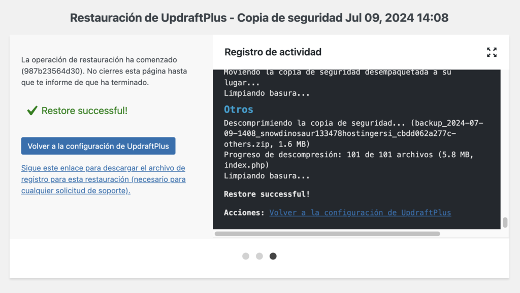 Restauraci&oacute;n exitosa en UpdraftPlus